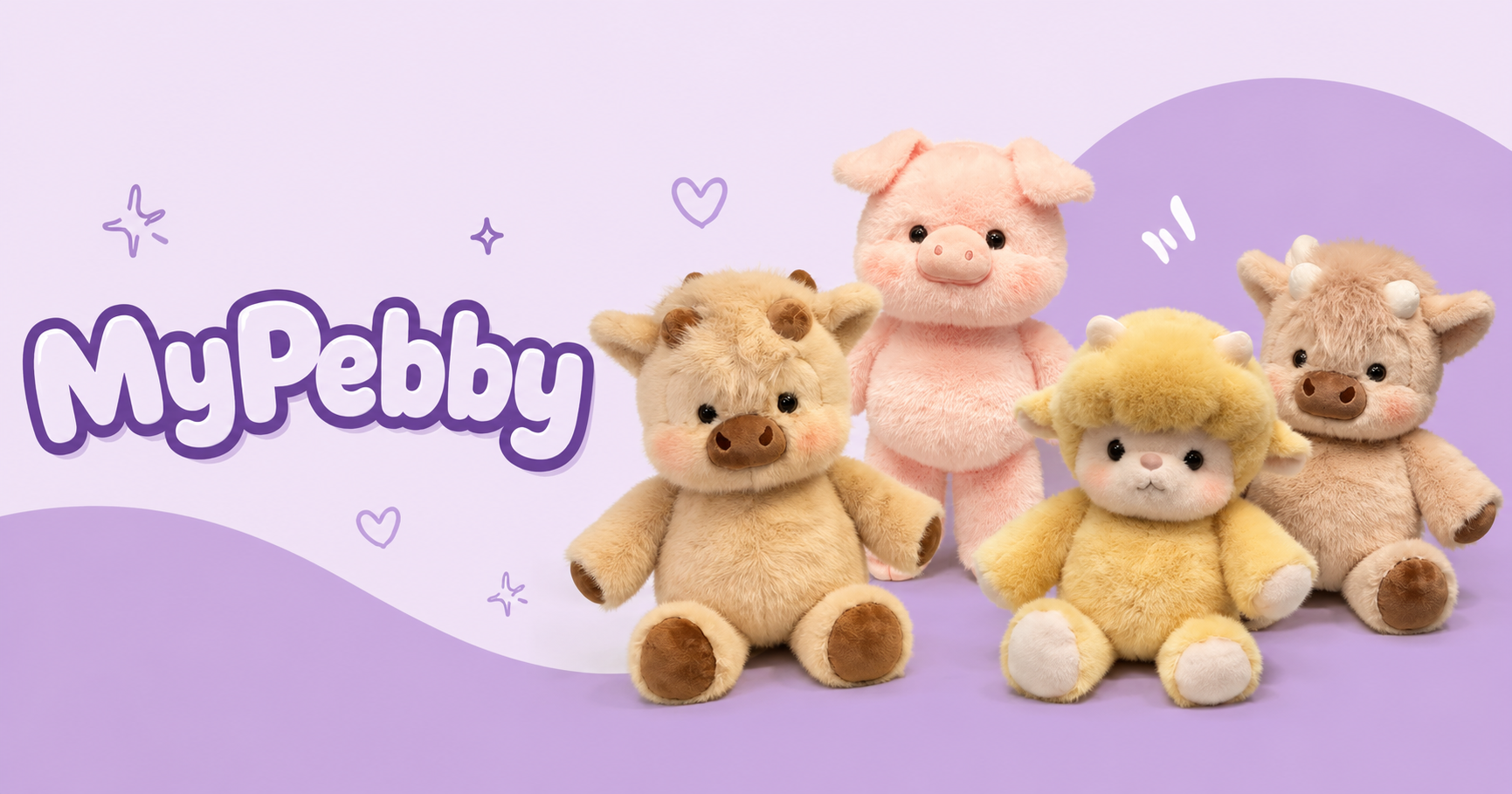 Four plush toys with different animal designs on a purple background, featuring the brand 'MyPebby'.